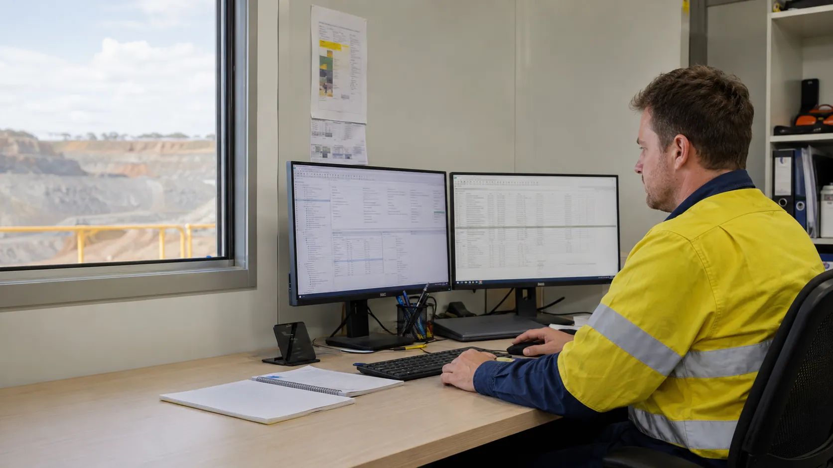 An asset management engineer at a mine-site office working on documents and data across two monitors