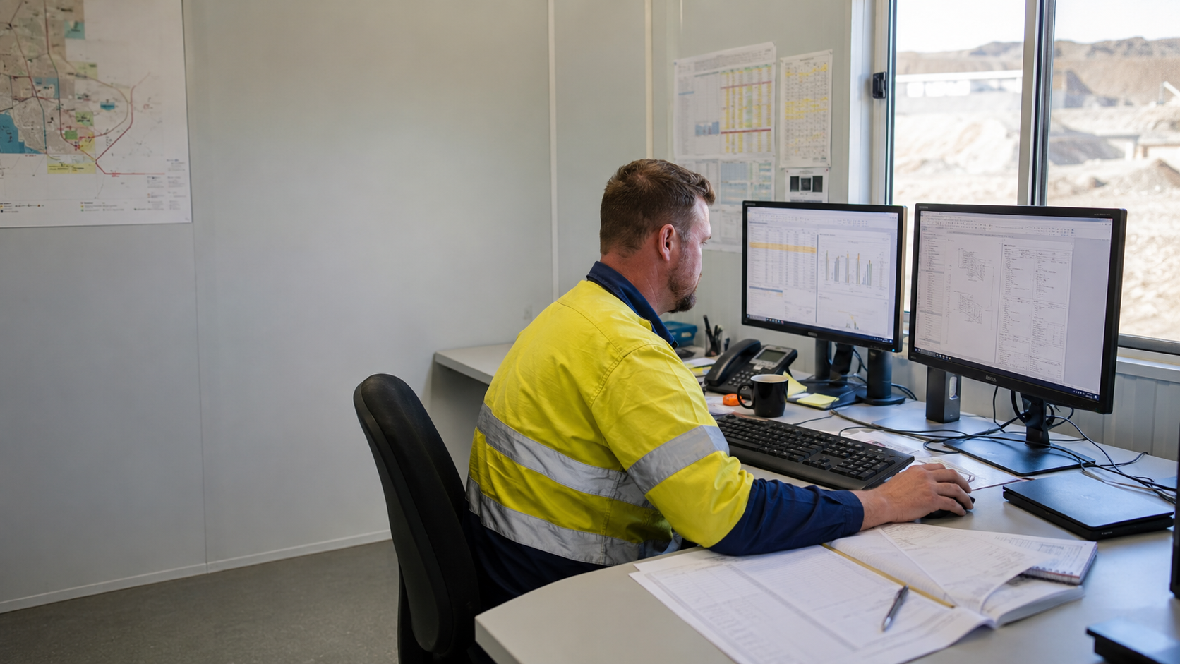 A reliability engineer at a mine-site office working on documents and data across two monitors